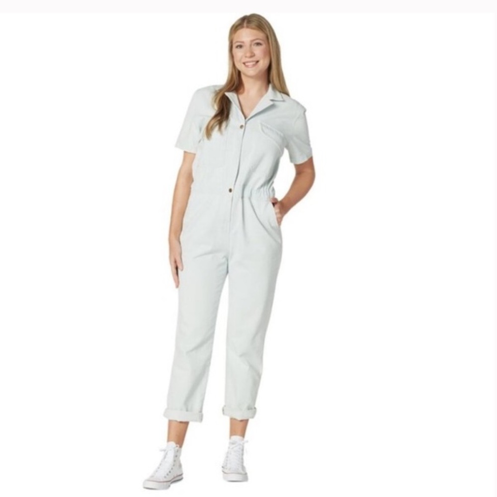 HUNTER & BROWN Denim Jumpsuit Cotton Light Short Sleeve Utility Sz L